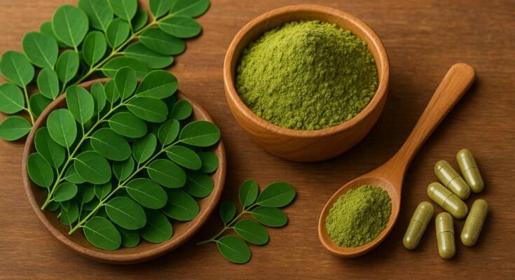 Fresh moringa leaves in a wooden bowl, a bowl of green moringa powder, capsules, and a spoon with powder, all arranged on a wooden surface.
