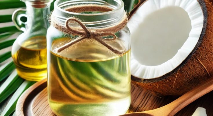 Glass jar of pure coconut oil with a wooden spoon, placed beside a freshly cracked coconut on a wooden surface, with a green palm leaves in the background.