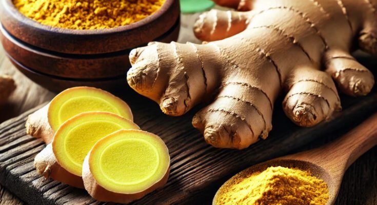 Fresh ginger root with a few slices cut to reveal its golden-yellow interior, alongside a small wooden bowl filled with ginger powder. The setup is on a rustic wooden surface with green leaves around it, highlighting ginger health benefits in a natural and organic setting.